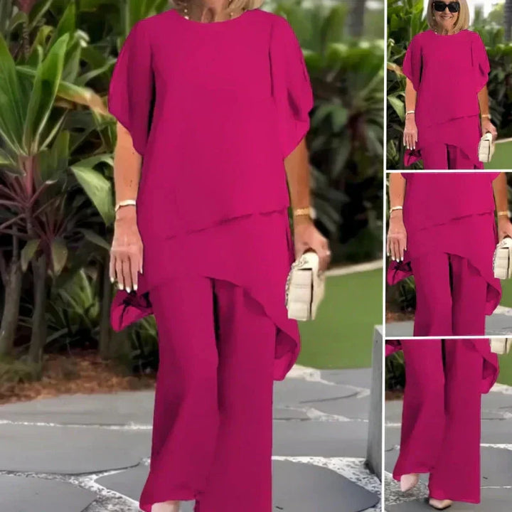 Patricia asymmetrical top and pants set by Bennett and Lowe, featuring stylish, modern design in a coordinated outfit.