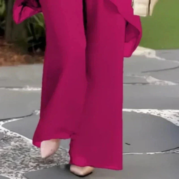 Patricia asymmetrical top and pants set by Bennett and Lowe, featuring a stylish, modern design in neutral tones.