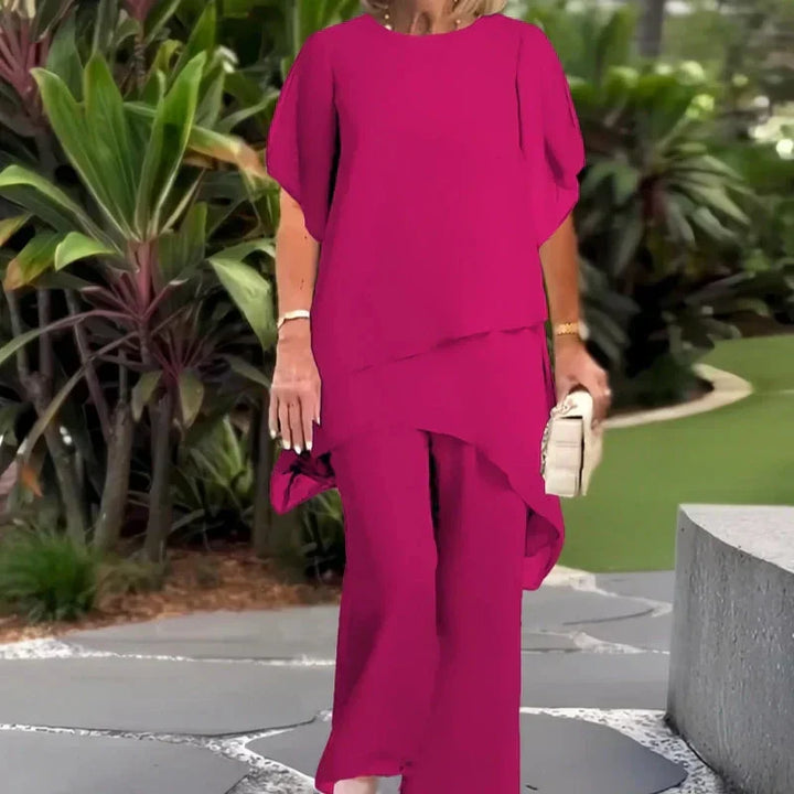 Patricia asymmetrical top and pants set by Bennett and Lowe, featuring a stylish, modern design in neutral tones.