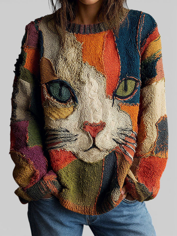 Zaira Bennett and Lowe artistic cat print top featuring colorful cat artwork on a stylish casual blouse.