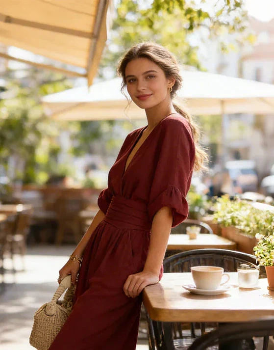 Bennett and Lowe Elise deep V-neck wide-leg jumpsuit for women, shown in a stylish, flowing fabric with a relaxed fit.