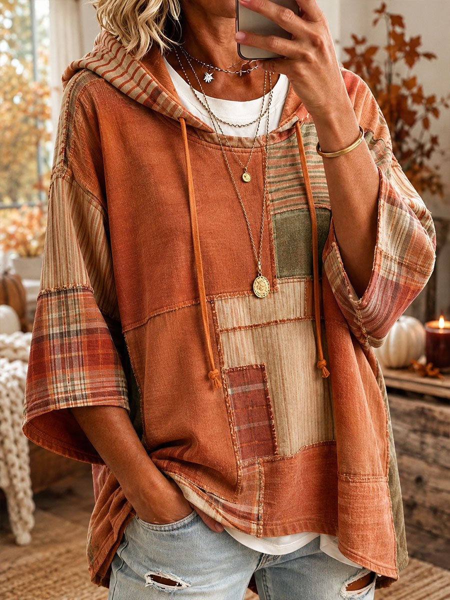 Sorina Bennett & Lowe autumn-toned patchwork oversized hoodie with cozy, colorful patchwork design and relaxed fit.