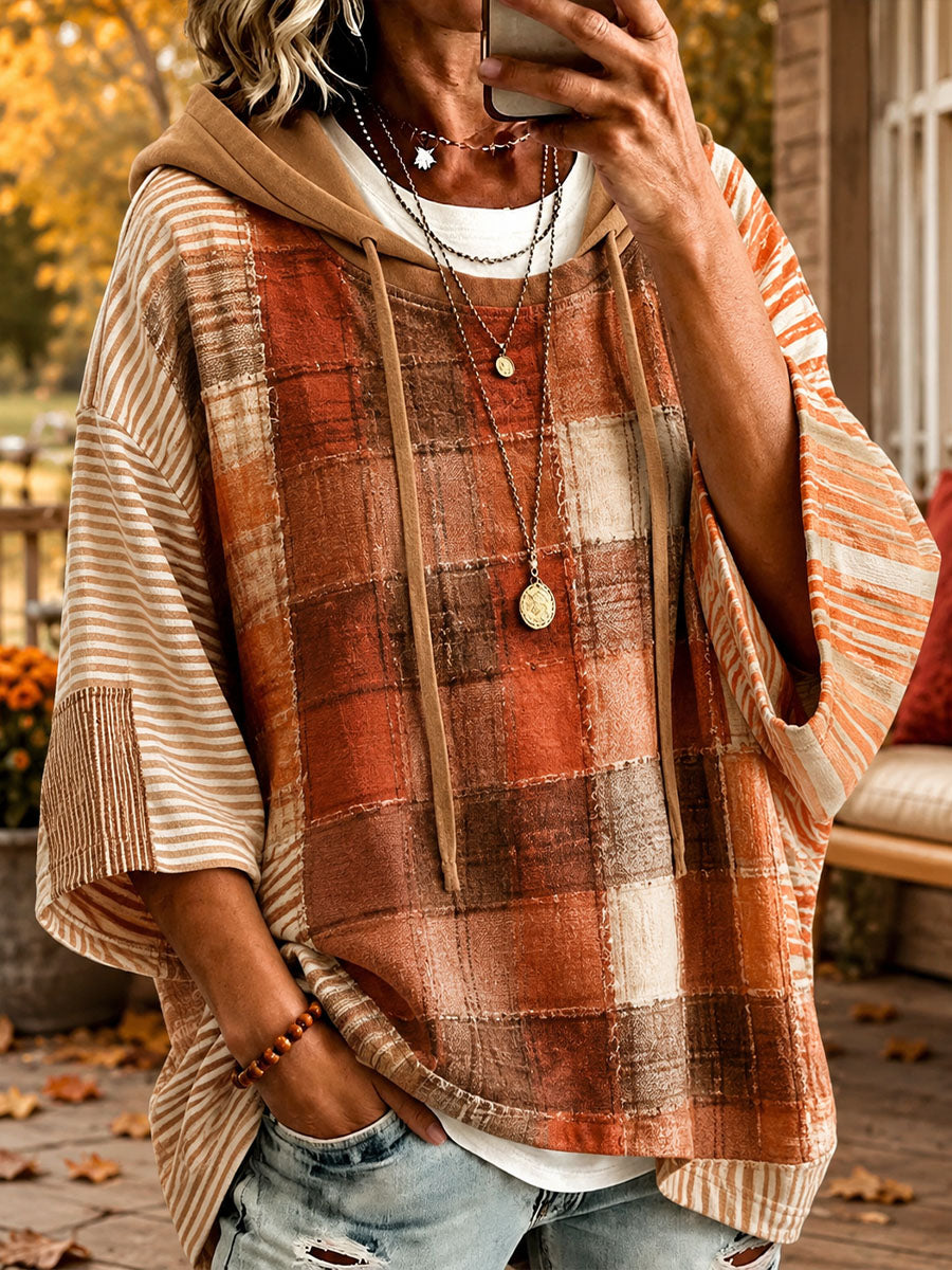 Simona autumn-toned patchwork oversized hoodie by Bennett & Lowe, featuring a cozy, multicolored patchwork design and relaxed fit.