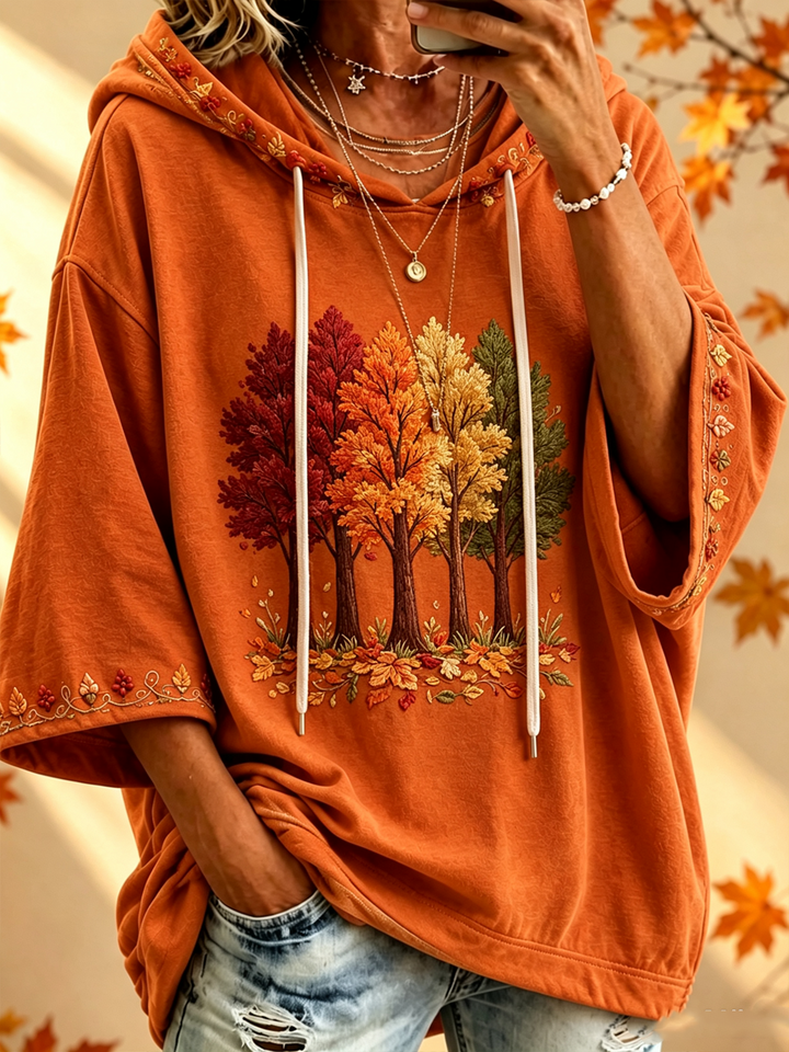 Maria oversized hoodie by Bennett & Lowe featuring an autumn print, displayed on a model with cozy, relaxed fit casual style.