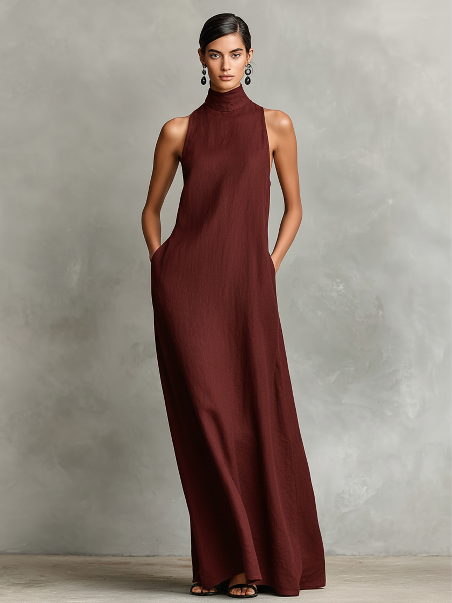 Chrissy high-neck pocket maxi dress by Bennett and Lowe, featuring a flowing silhouette and side pockets, in a soft, elegant fabric.