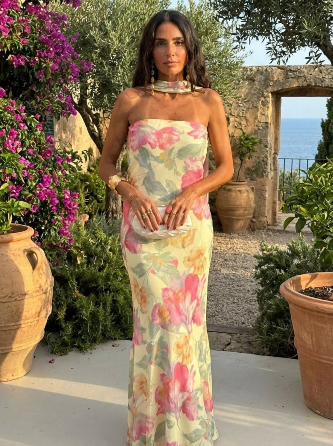 Ursula watercolor floral strapless maxi dress for women by Bennett and Lowe, featuring a flowing design with a vibrant floral print.