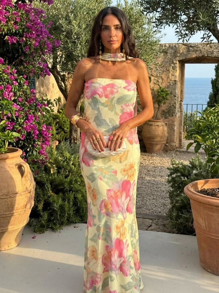 Ursula watercolor floral strapless maxi dress for women by Bennett and Lowe, featuring a flowing design with a vibrant floral print.