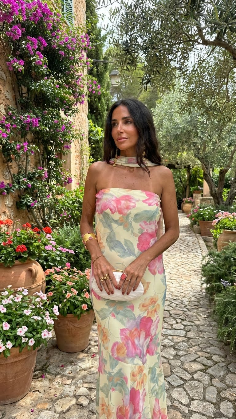 Watercolor floral strapless maxi dress for women by Bennett and Lowe, featuring a flowing design and vibrant flower print.