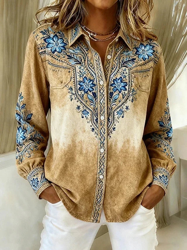 Western floral button blouse by Bennett and Lowe, featuring a lightweight fabric with floral print and button-up front.