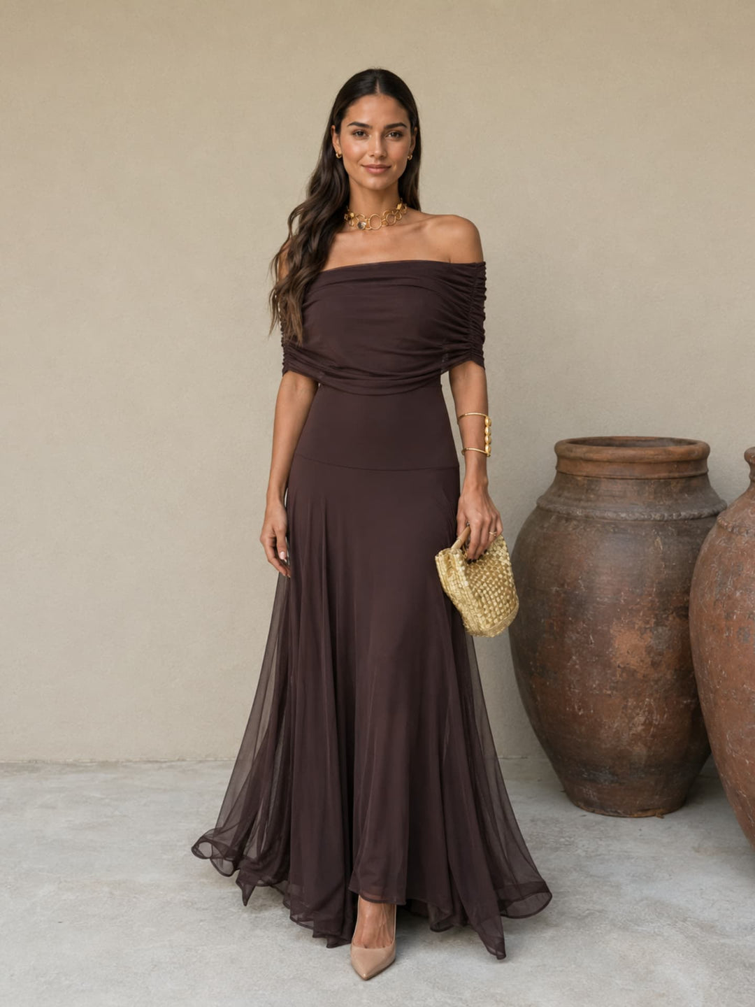Brown Toledo-style dress for women by Bennett and Lowe, featuring a stylish Adriana design with a flattering fit.