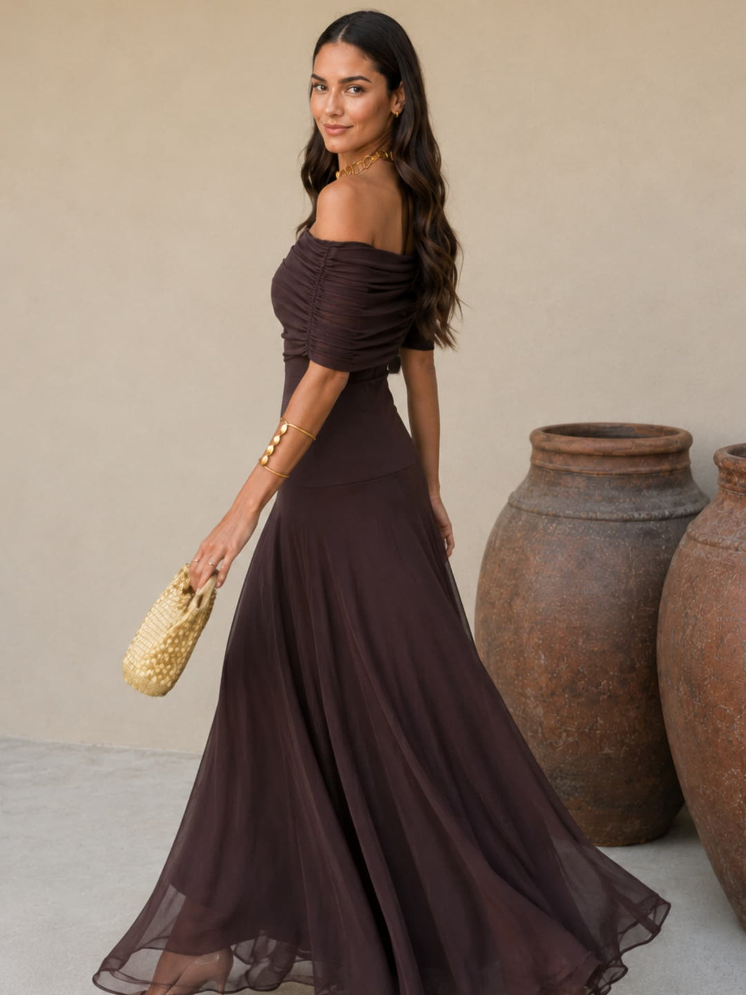 Brown Toledo-style dress for women by Bennett and Lowe, featuring a classic Adriana design with elegant details.