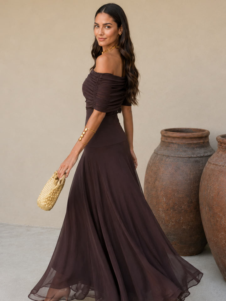Brown Toledo-style dress for women by Bennett and Lowe, featuring a classic Adriana design with elegant details.