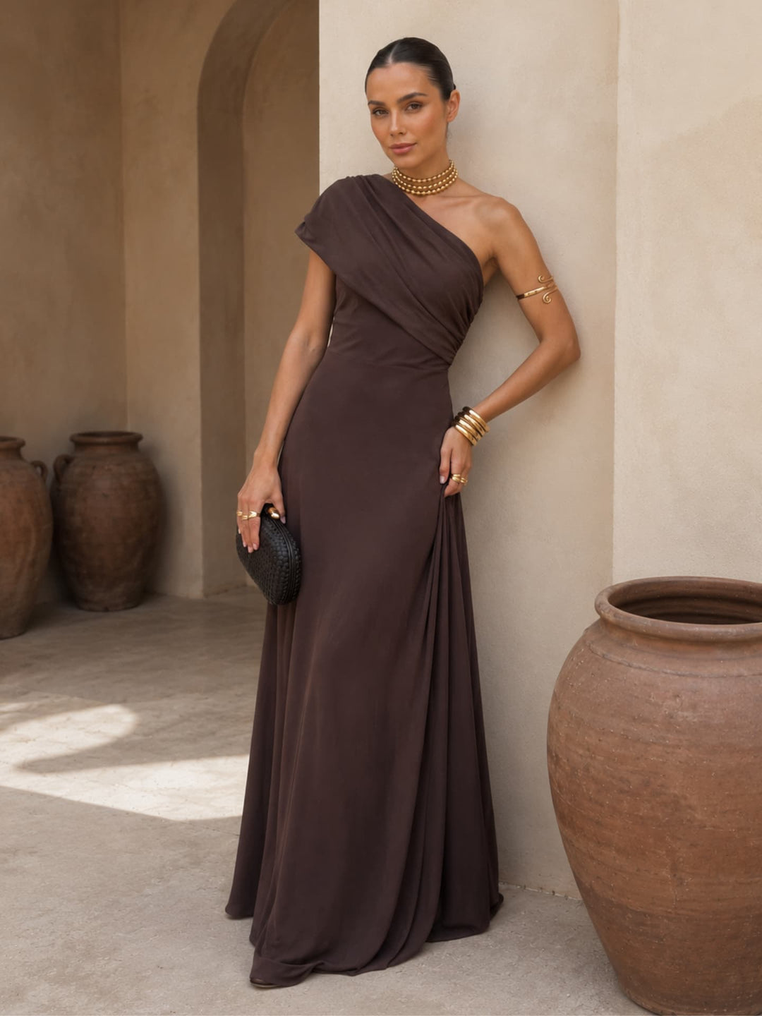 Brown Adriana Toledo-style dress for women by Bennett and Lowe, showing the elegant knee-length design and tailored fit.