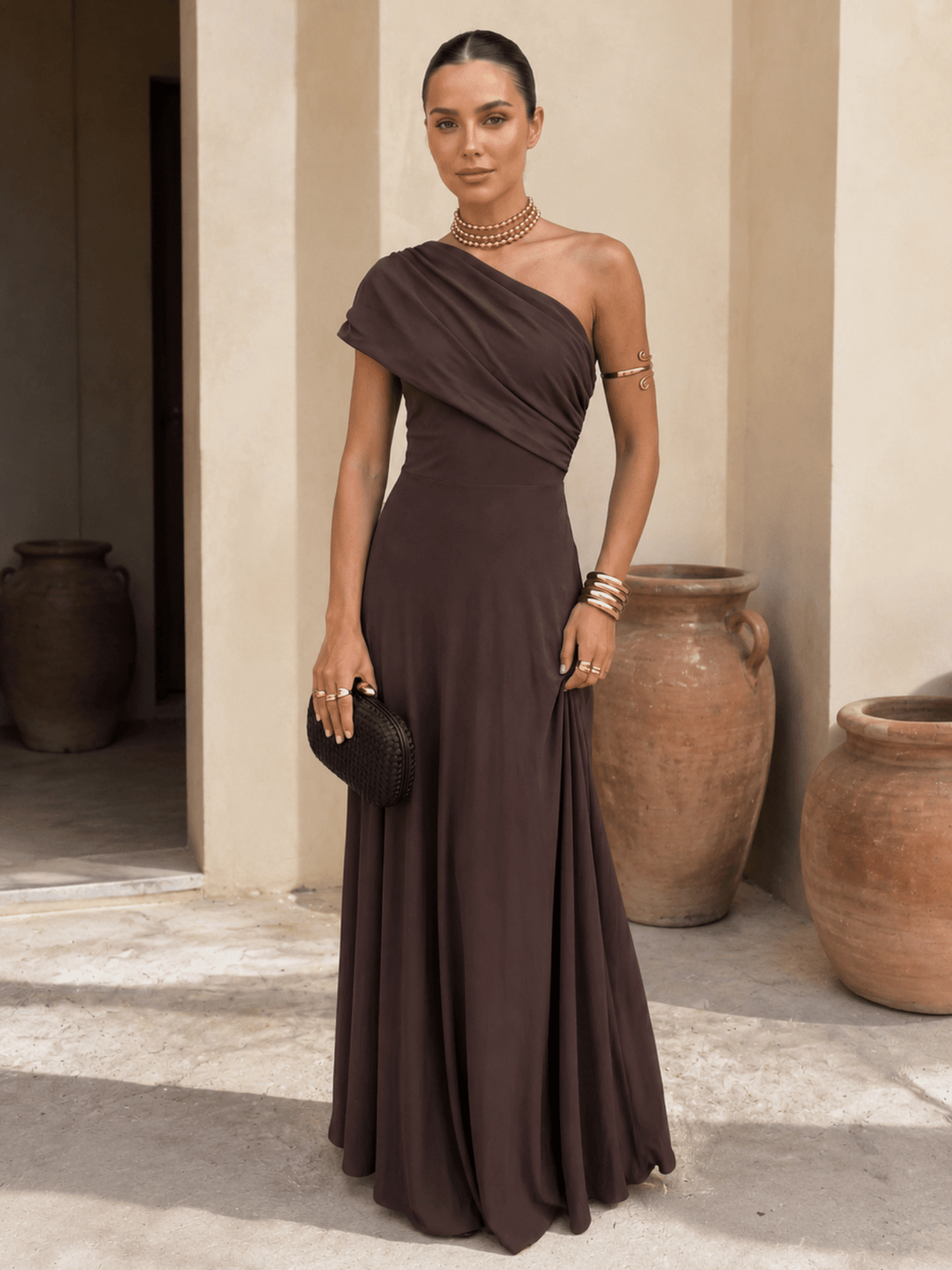 Brown Toledo-style dress for women by Bennett and Lowe, featuring a classic Adriana design with elegant details.