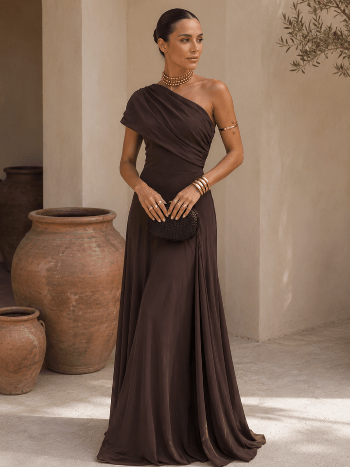 Brown Toledo-style dress for women by Bennett and Lowe, featuring a stylish Adriana design and elegant fit.
