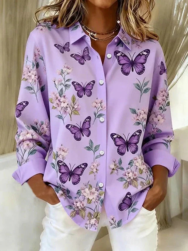 Noelle | Butterfly-Print Button Blouse