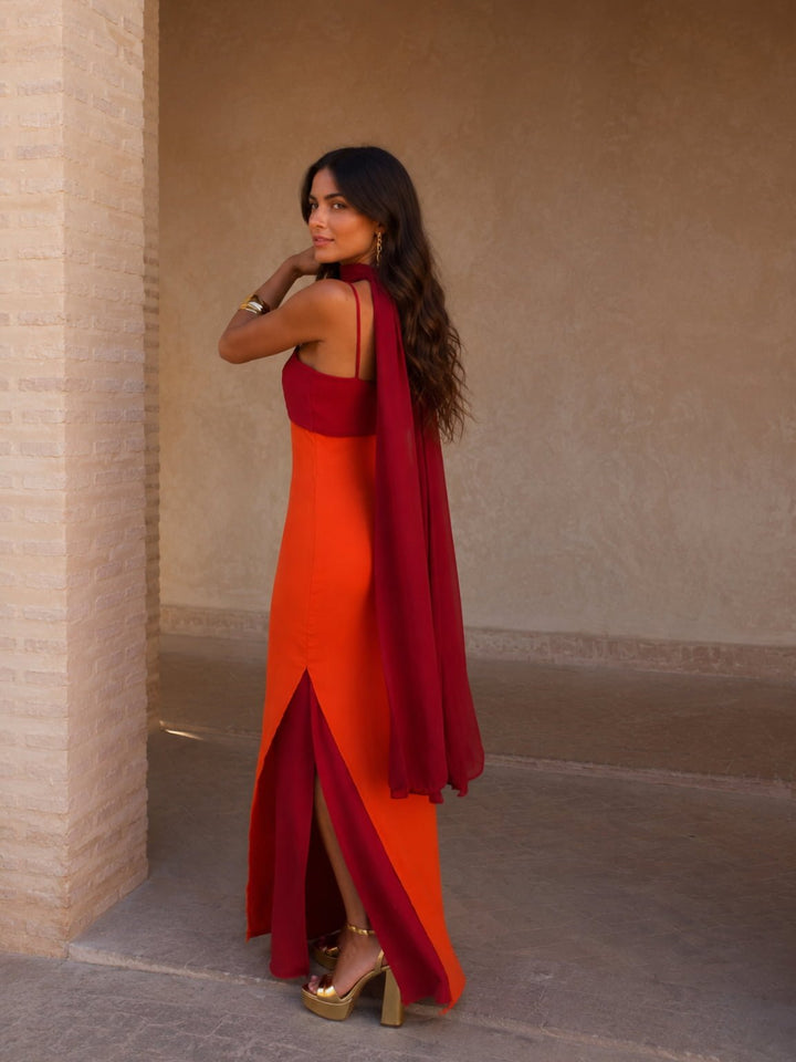 Two-tone draped maxi dress for women by Bennett and Lowe, featuring a flowing silhouette and elegant design.