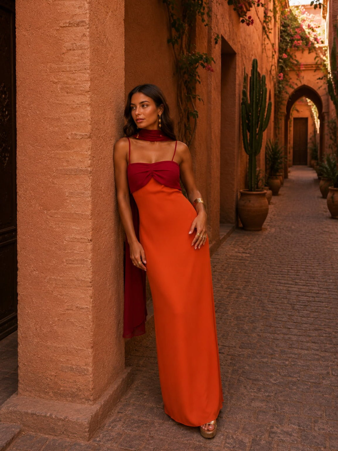 Two-tone draped maxi dress for women by Bennett and Lowe, featuring elegant flowing fabric and a stylish, modern design.