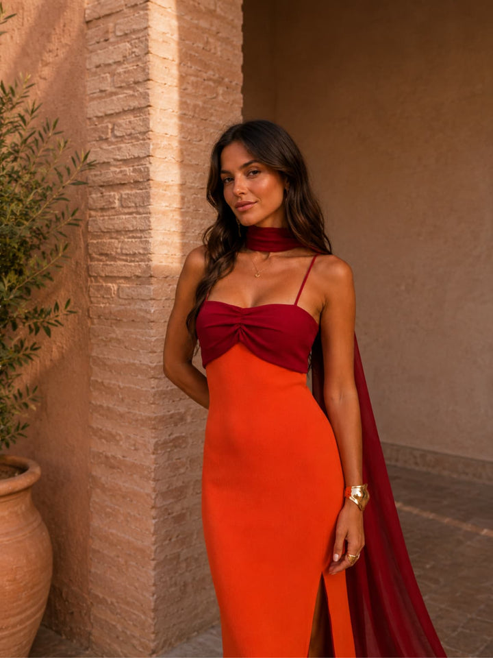 Two-tone draped maxi dress for women by Bennett and Lowe, featuring elegant flowing fabric and a stylish silhouette.