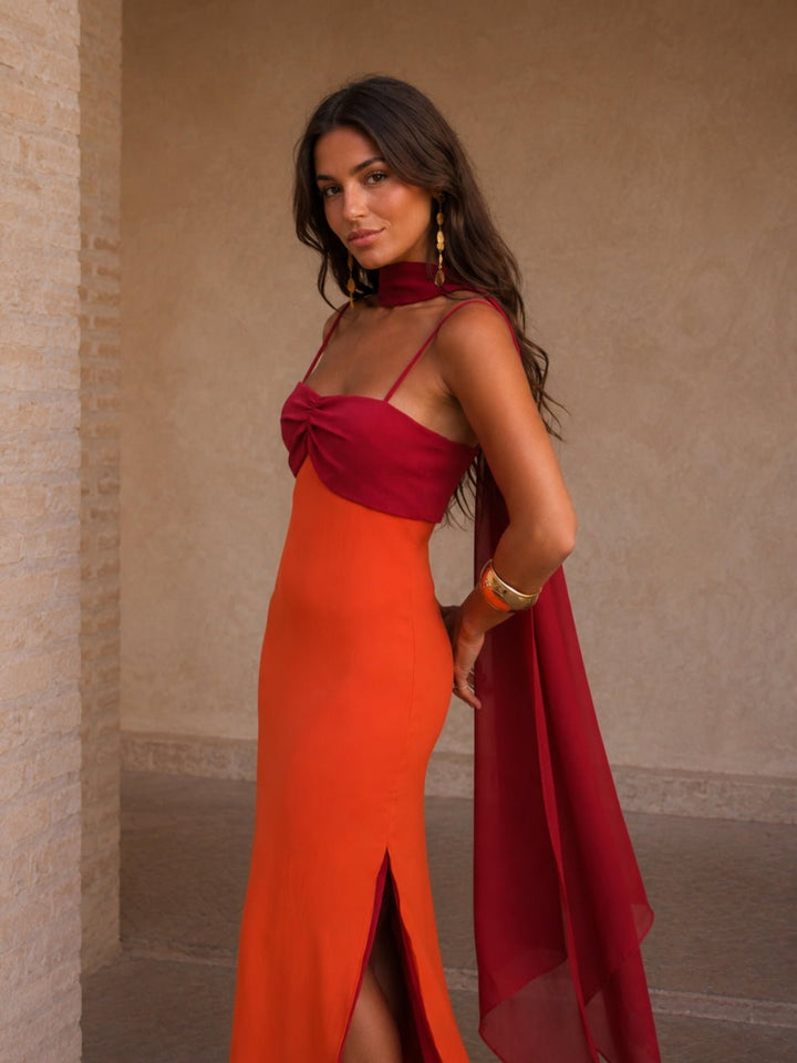 Two-tone draped maxi dress for women by Bennett and Lowe, featuring flowing fabric and elegant silhouette.