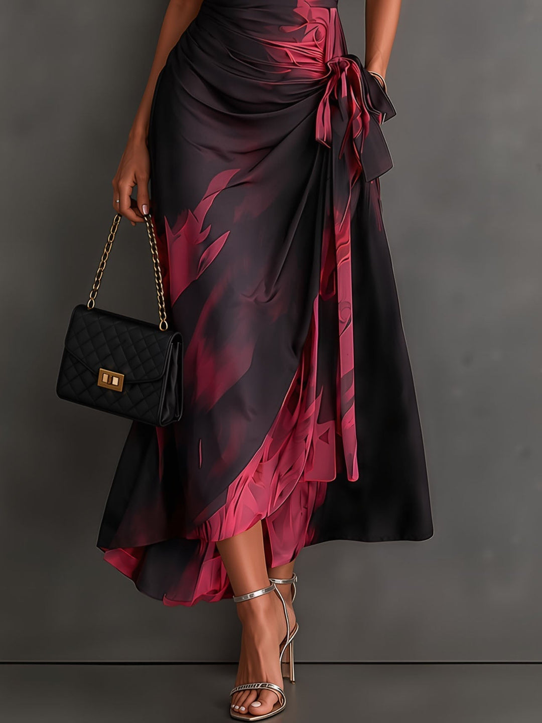 Beatrice Bordeaux abstract print midi wrap dress by Bennett & Lowe, showing the elegant design and fabric details.