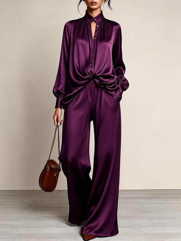 Gertrude gathered-waist button-up wide-leg two-piece set for women by Bennett and Lowe, featuring a stylish top and matching pants.