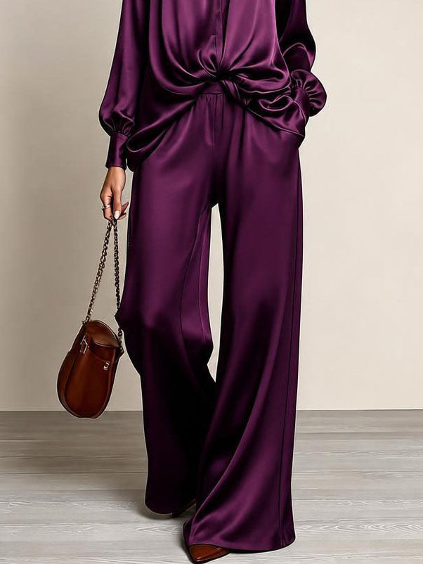 Gertrude two-piece set for women by Bennett and Lowe featuring a gathered-waist button-up top and wide-leg pants in natural fabric.