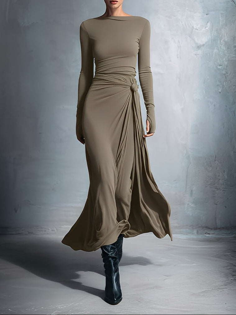 Yasmina | Long-Sleeve Side-Tie Draped Maxi Dress for Women