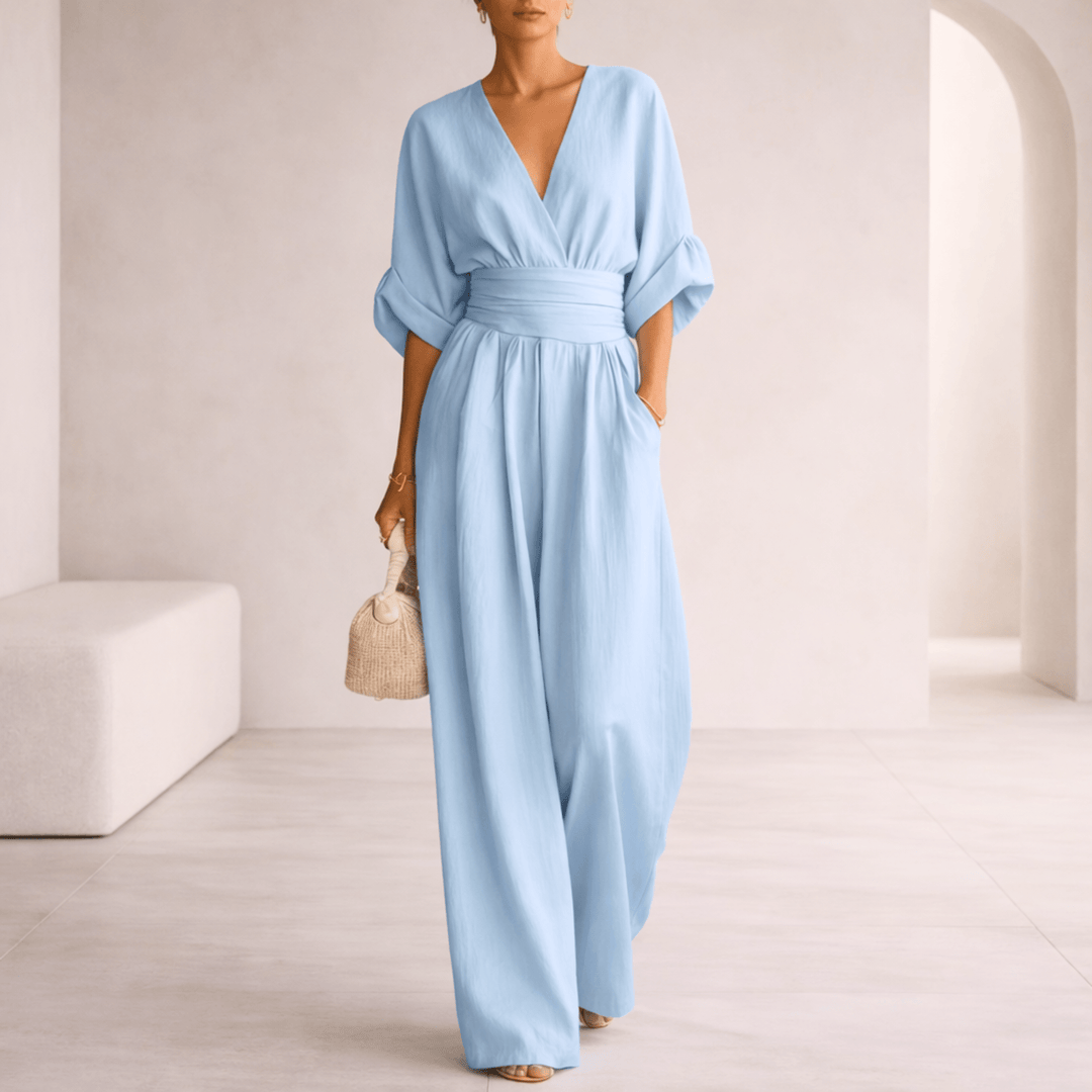 Elira | V-Neck Draped Wide-Leg Jumpsuit for Women