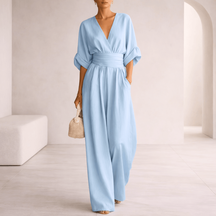 Elira | V-Neck Draped Wide-Leg Jumpsuit for Women