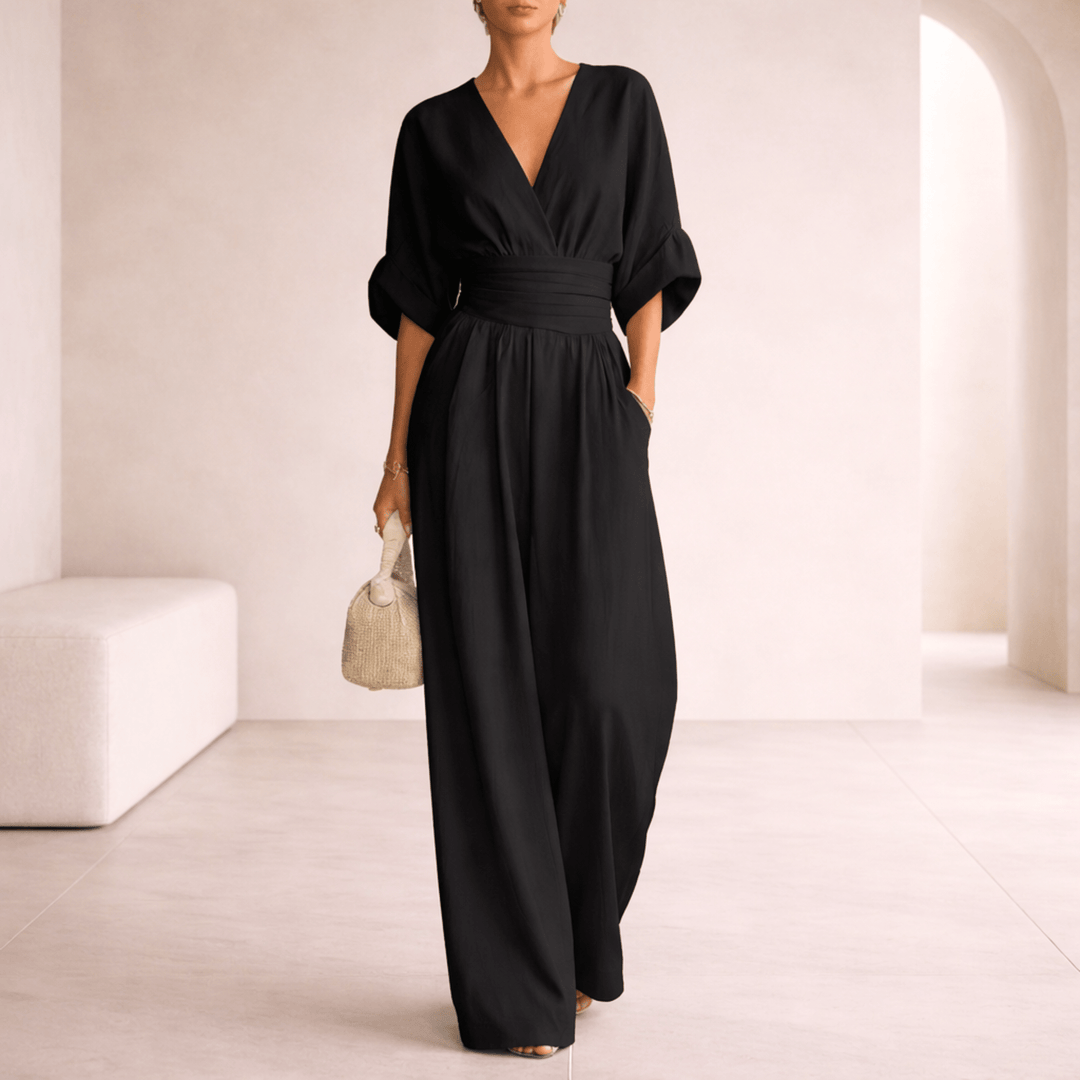 Elira | V-Neck Draped Wide-Leg Jumpsuit for Women
