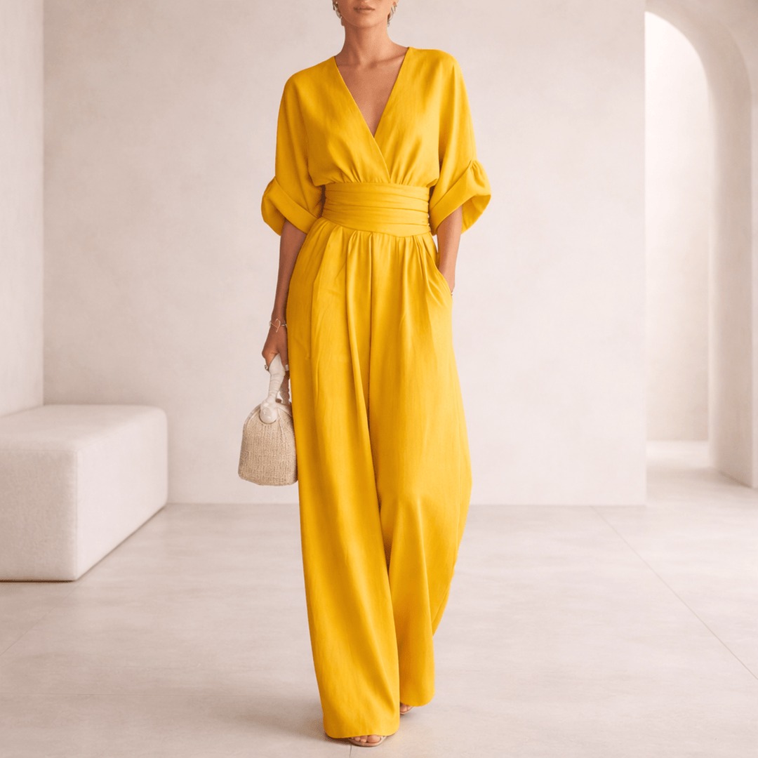 Elira | V-Neck Draped Wide-Leg Jumpsuit for Women
