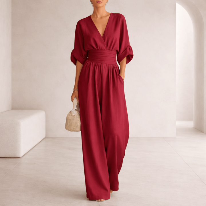 Elira | V-Neck Draped Wide-Leg Jumpsuit for Women