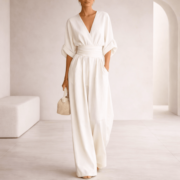 Elira | V-Neck Draped Wide-Leg Jumpsuit for Women