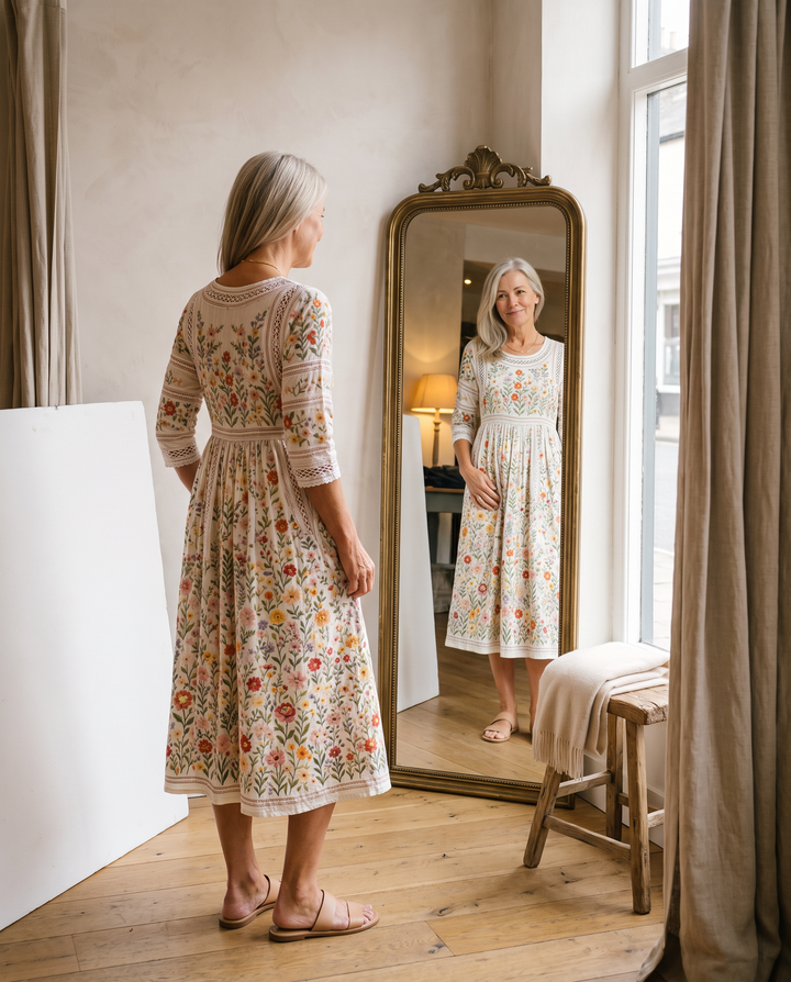 Bennett and Lowe Wildflower Meadow Charm Midi Dress with floral print, flowy fabric, and sleeveless design on model.