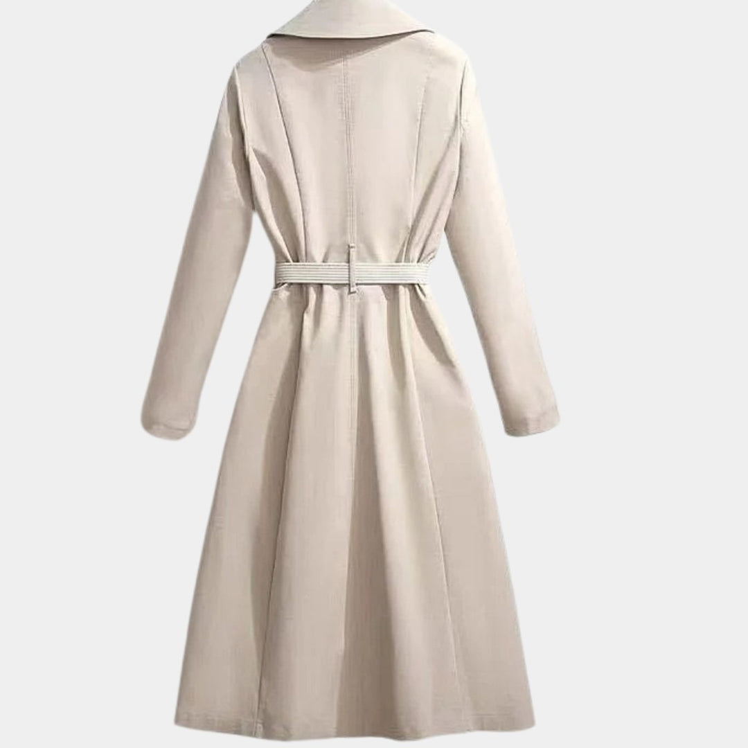 Women's belted classic midi trench coat by Bennett and Lowe, featuring a stylish design and waist belt in a neutral fabric.