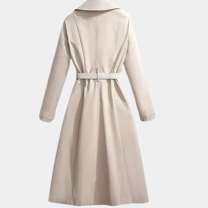 Women's belted classic midi trench coat by Bennett and Lowe, featuring a stylish design and waist belt in a neutral fabric.