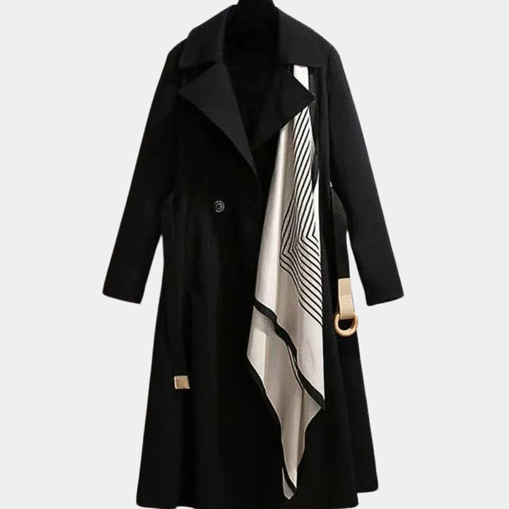 Women’s Bennett and Lowe Clarice belted classic midi trench coat, stylish long beige raincoat with waist belt and button details.