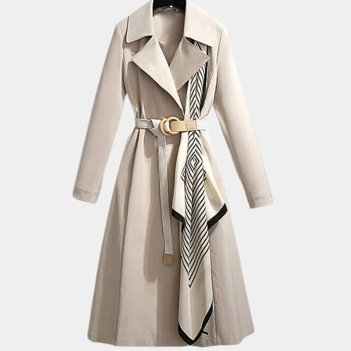 Women’s belted classic midi trench coat by Bennett and Lowe, shown with a tailored fit and belt at the waist.