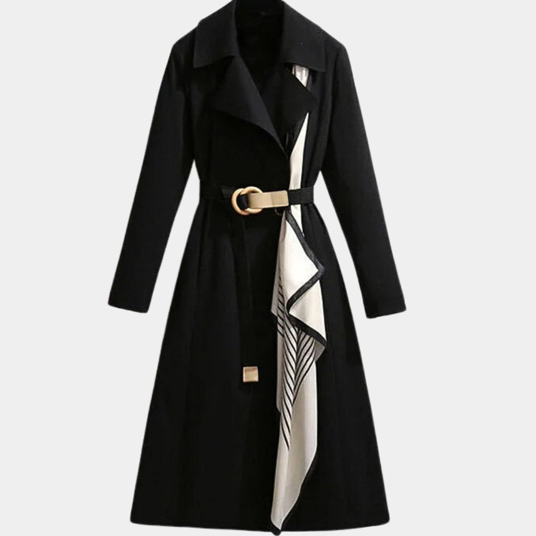 Bennett and Lowe Clarice belted classic midi trench coat for women, shown in a stylish mid-length design with belt and button details.