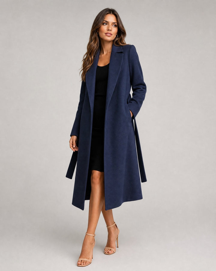 Bennett and Lowe Josie belted wool-blend long lapel coat for women, shown on a model with a classic trench design and belt detail.