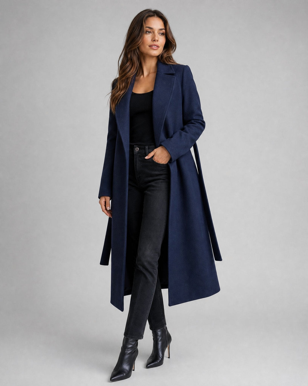 Bennett and Lowe Josie belted long lapel coat for women in wool blend, featuring a classic trench style with a waist belt