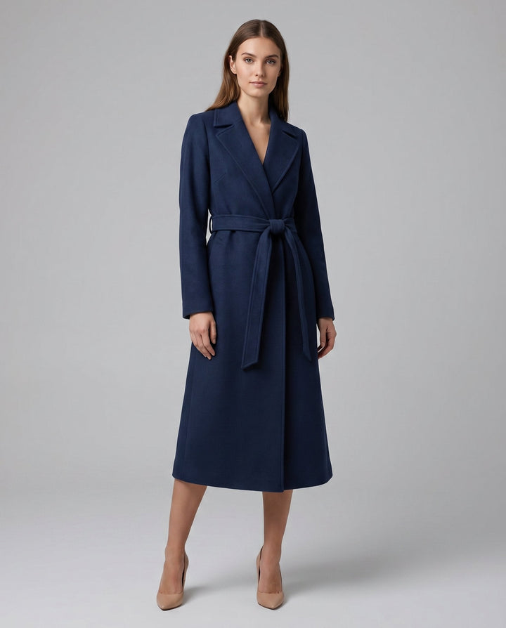 Women’s belted wool-blend long lapel coat by Bennett and Lowe, featuring a stylish trench design and front belt detail.