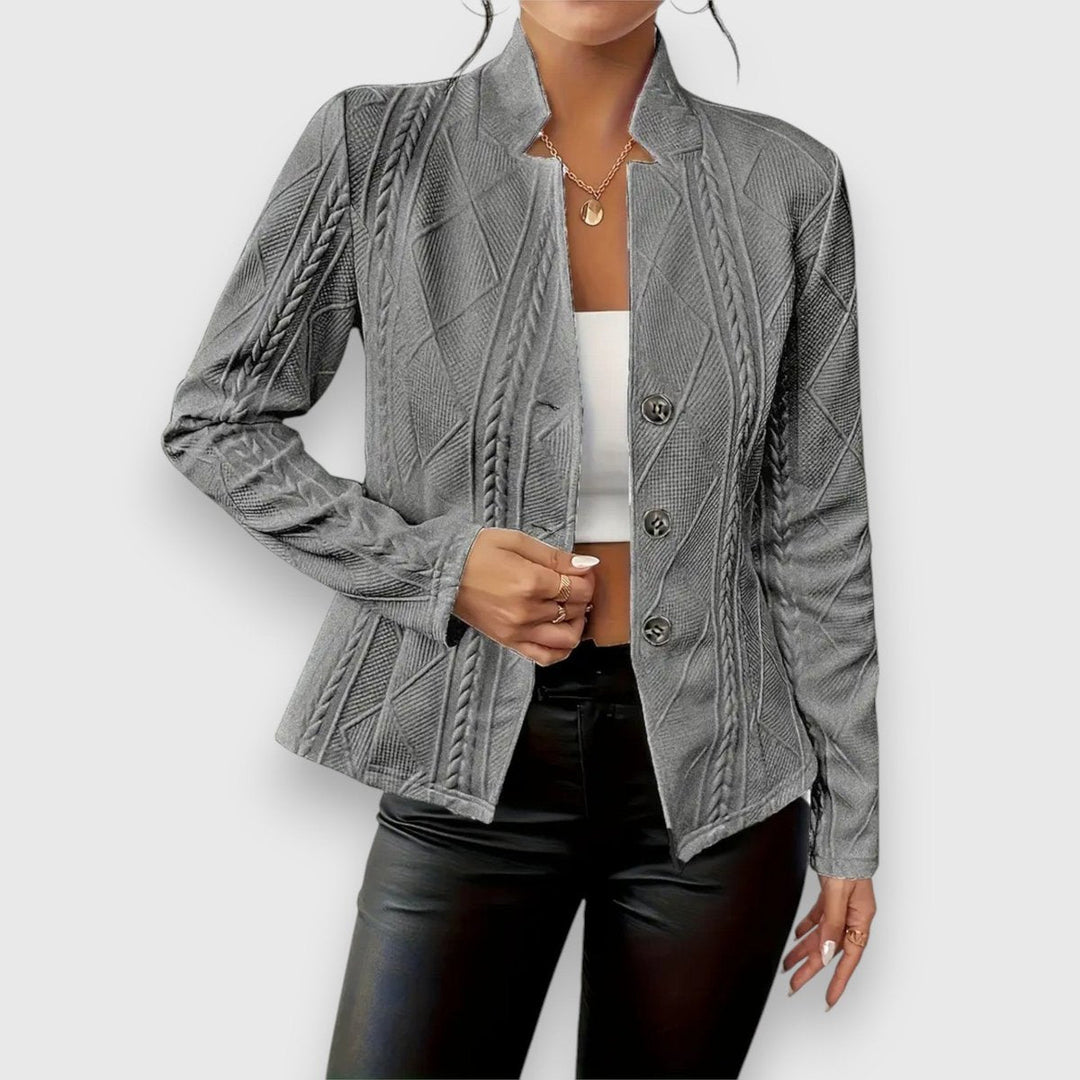 Women's textured cable-knit button-front cardigan by Bennett and Lowe, featuring a fitted silhouette and long sleeves.