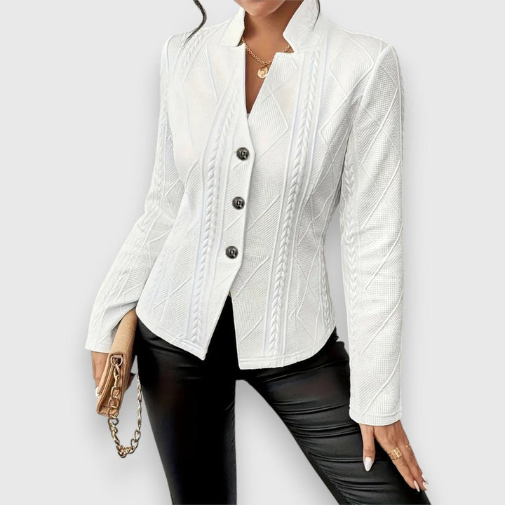 Women’s textured cable-knit cardigan with button front and mock neck, long fitted sleeves, by Bennett and Lowe.