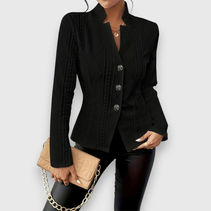 Women’s textured cable-knit cardigan with button-front and mock-neck, long sleeves, fitted style by Bennett and Lowe.