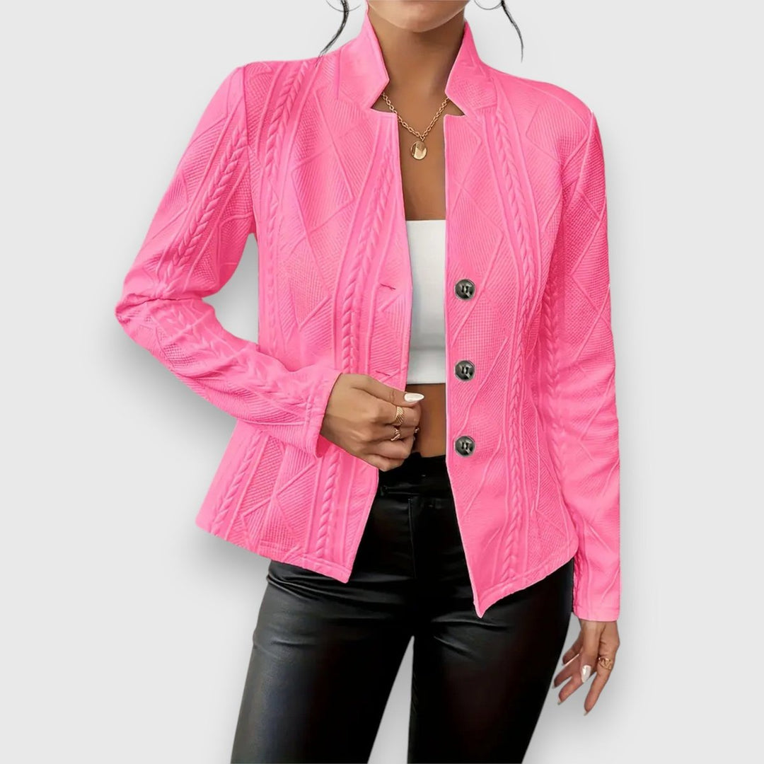 Loretta Bennett and Lowe textured button-front cardigan for women, cable-knit design, long sleeves, fitted style, mock neck.