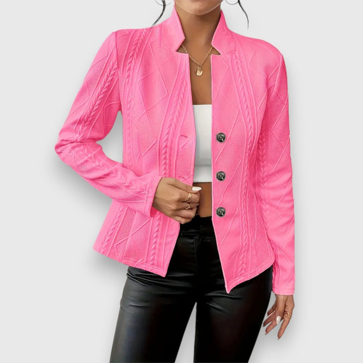 Loretta Bennett and Lowe textured button-front cardigan for women, cable-knit design, long sleeves, fitted style, mock neck.