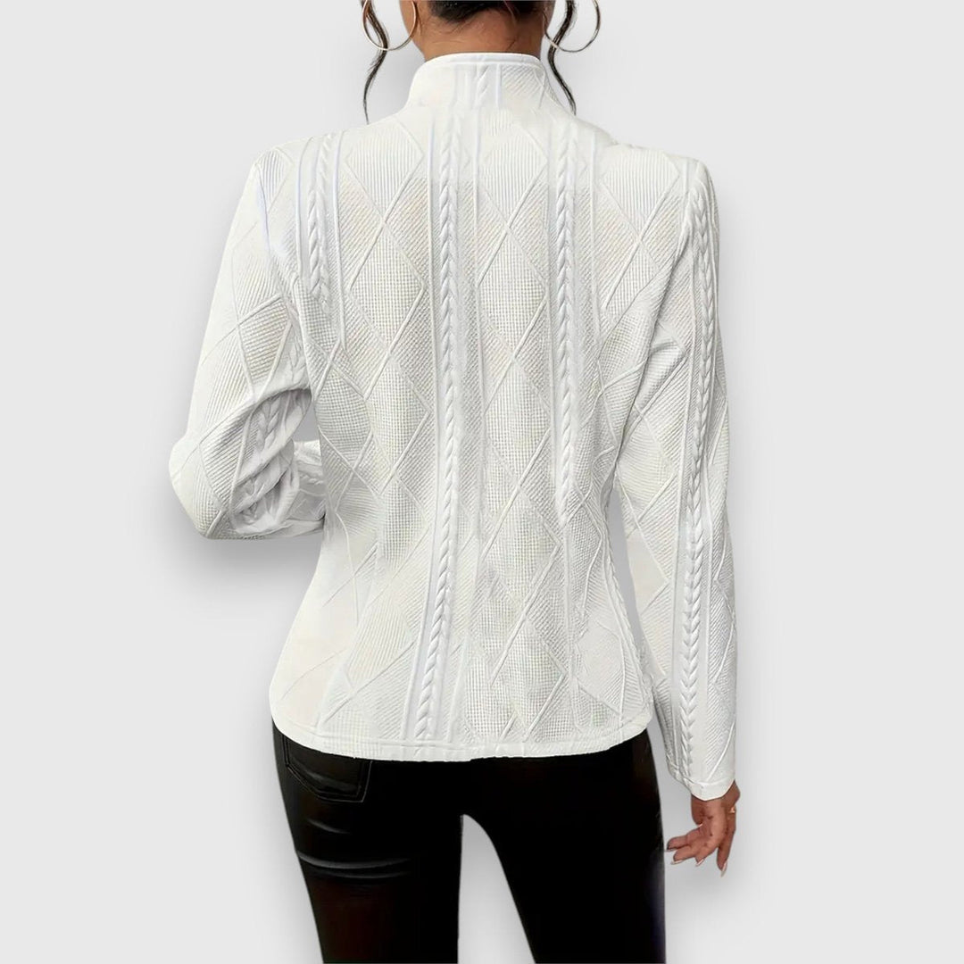 Women's textured button-front cardigan by Bennett and Lowe featuring a fitted cable-knit design and long sleeves.