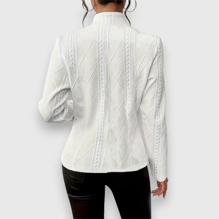 Women's textured button-front cardigan by Bennett and Lowe featuring a fitted cable-knit design and long sleeves.